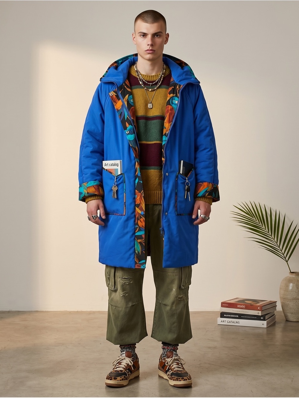 Vintage 90s Royal Blue Statement Parka - Tropical Floral Lining - Oversized XL